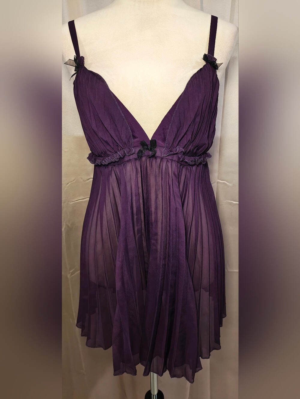 Y2K Dreamgirl Temptress Eggplant Pleated Semi Sheer Lingerie Babydoll Slip Dress